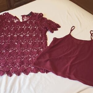 Two Piece Burgundy Crochet Knit Blouse Size L